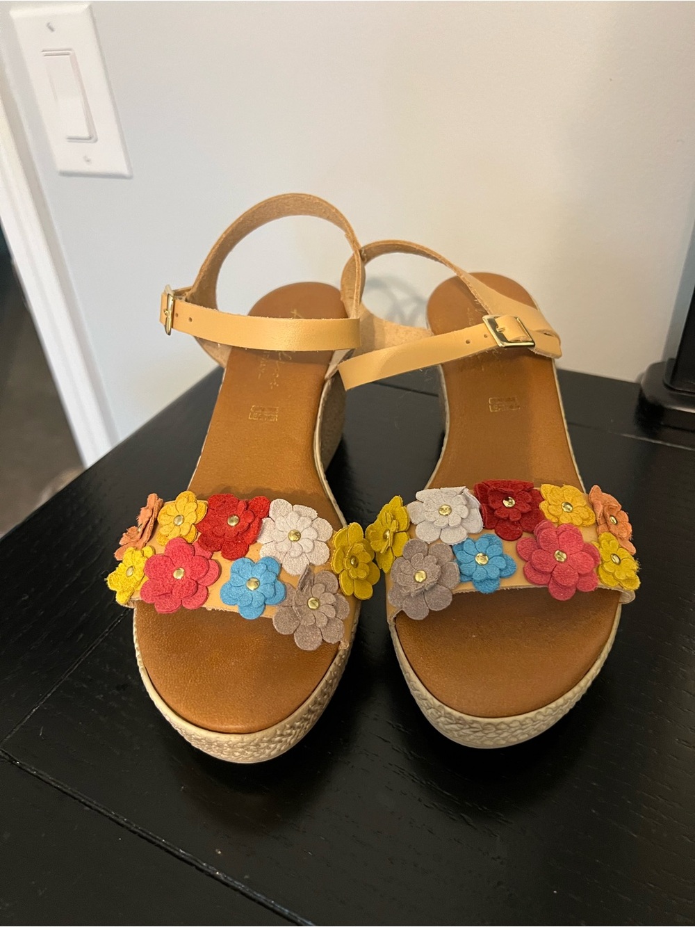 Floral Multi-Color Leather Wedge Sandals - Women